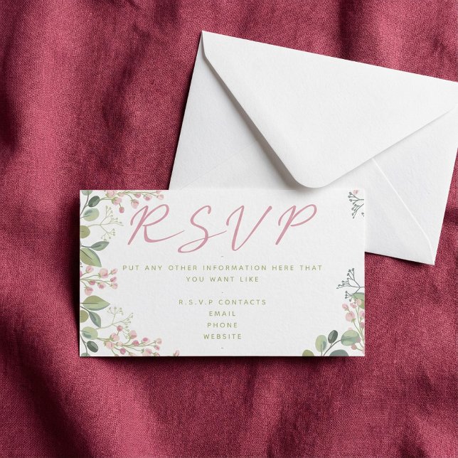 Rosa och grönt löv och blommor, "OSA" Tilläggskort (Pink and green leaves and flowers, "RSVP" Enclosure Card.)