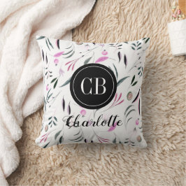 Rosa och Grönt Löv och frukt Monogram och Namn Kudde
