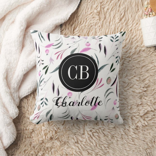 Rosa och Grönt Löv och frukt Monogram och Namn Kudde (Filt)