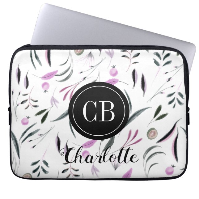 Rosa och Grönt Löv och frukt Monogram och Namn Laptop Fodral (Framsidan)