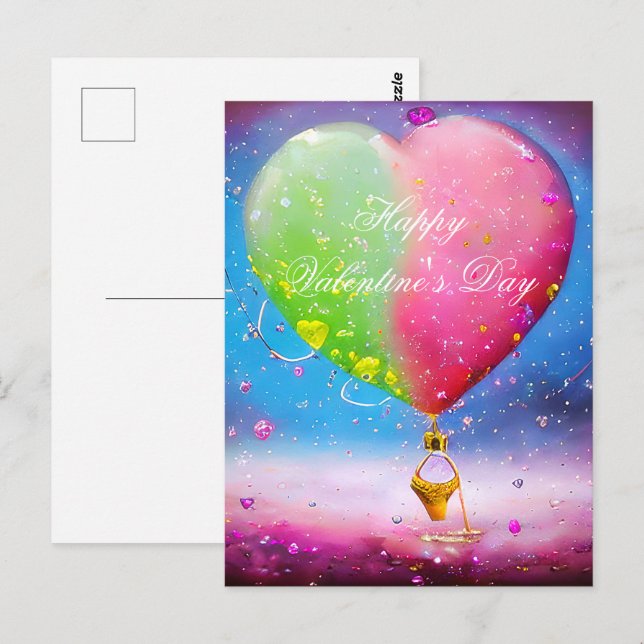 Rosa och grönt luft ballongvalentin vykort (Fram/baksida)