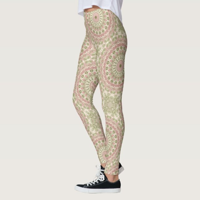 Rosa och Grönt Mandala Mönster Design Leggings (Vänster)