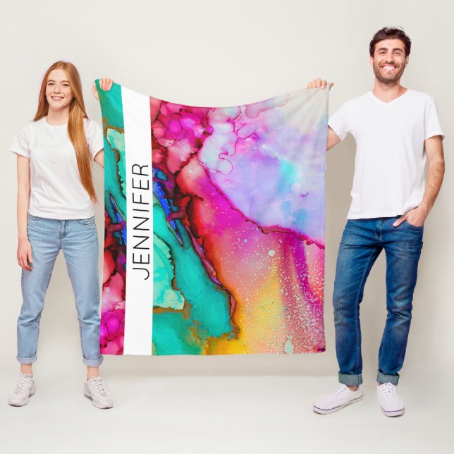 Rosa och Grönt Marble Abstrakt Vattenfärg Fleecefilt (På plats)