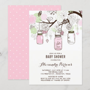 Rosa och Grönt Mason Burk Blommigt Baby Shower Inbjudningar