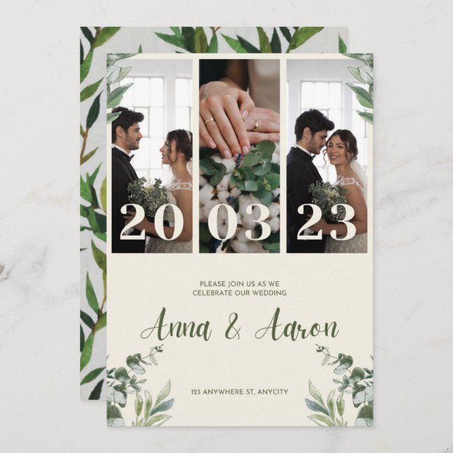 Rosa och Grönt - minimalistisk bröllopsinbjudan Inbjudningar (Fram/baksida)