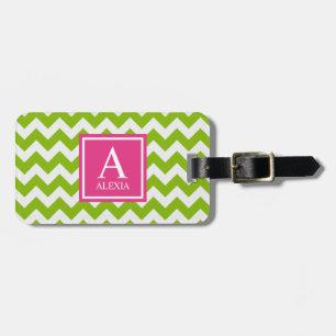 Rosa och Grönt Monogram Chevron Skriv ut Bagagebricka