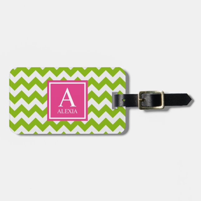Rosa och Grönt Monogram Chevron Skriv ut Bagagebricka (Horisontell Framsida)