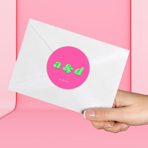 Rosa och Grönt Monogram Förlovningsfest Bröllop Runt Klistermärke