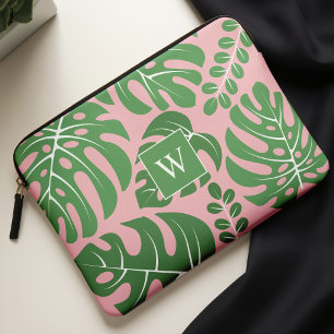 Rosa och Grönt Monogrammed Monstera Lövs Laptop Fodral