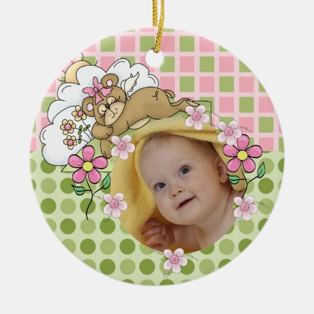 Rosa och Grönt Nalle Baby Ornament (Framsidan)