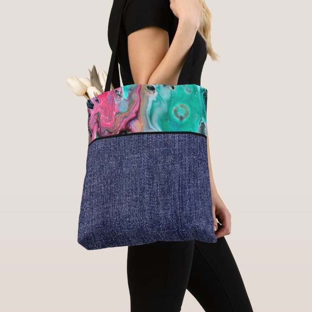 Rosa- och grönt- och denim tygkasse (Närbild)