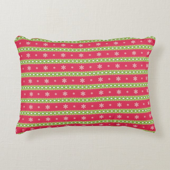 Rosa och Grönt Ornament och Snöflingor Pillow Prydnadskudde (Framsidan)