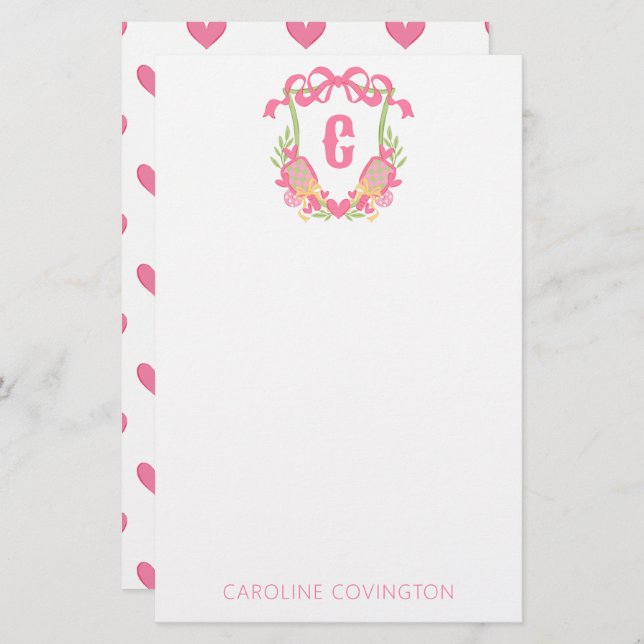 Rosa och Grönt Pickleball Paddle Monogram-Vapenskö Brevpapper (Fram/baksida)