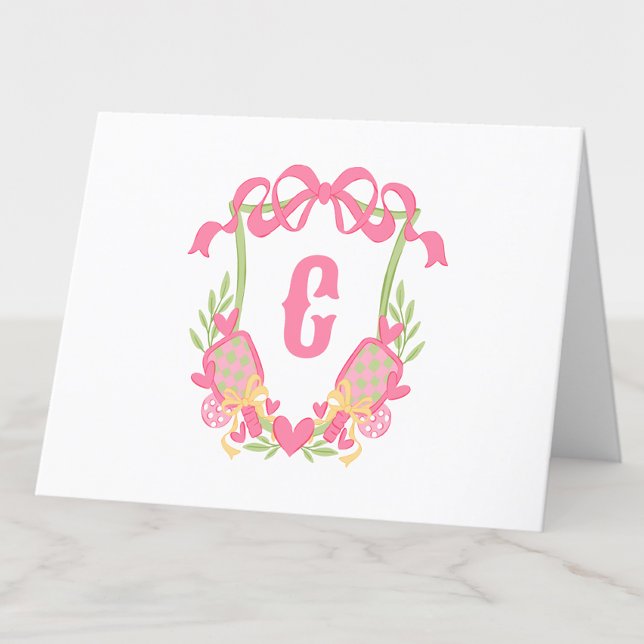Rosa och Grönt Pickleball Paddle Monogram-Vapenskö Tack Kort (Skapare uppladdad)