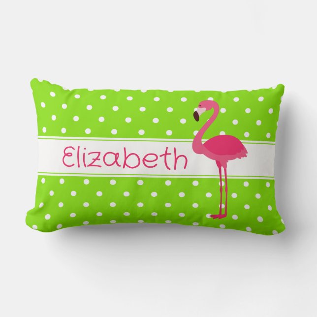 Rosa och Grönt Polka Dot Flamingo Personlig Lumbarkudde (Framsida)