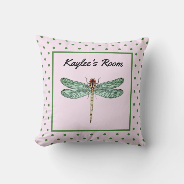 Rosa och Grönt Polka Dot och Dragonfly Monogram Kudde (Framsida)