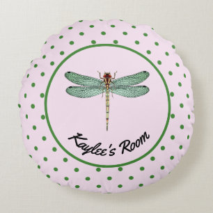 Rosa och Grönt Polka Dot och Dragonfly Monogram Rund Kudde