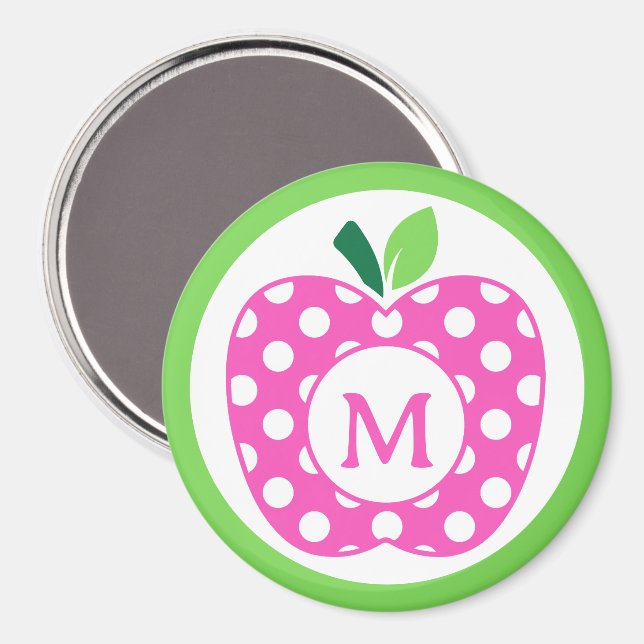Rosa och Grönt-Polka-punktäpple-monogram Magnet (Front/Back)