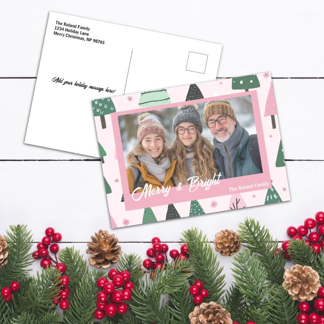 Rosa och Grönt Preppy Julgran Helgdag Photo Helg Vykort (Pink and Green Preppy Christmas Tree Holiday Photo)