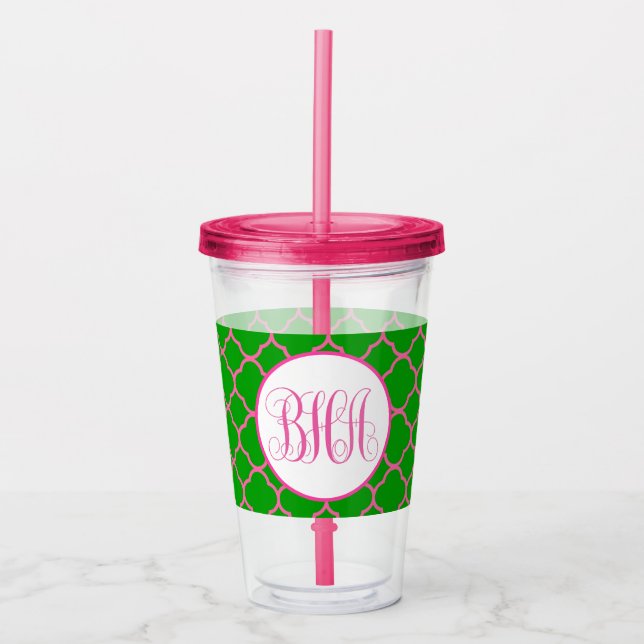 Rosa och Grönt Quatrefoil och Monogram Take Away Mugg (Framsida)