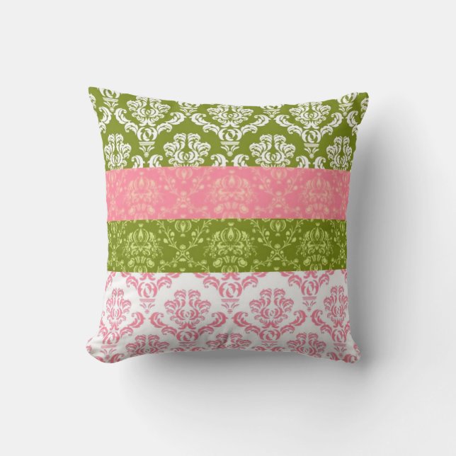 Rosa och Grönt Rand Damask Kudde (Framsida)