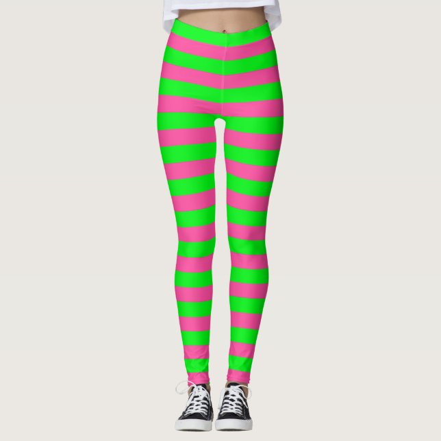 Rosa och Grönt Rand Design Leggings (Framsida)