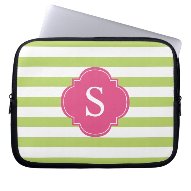 Rosa och Grönt Rand Monogram Laptop Sleeve (Framsidan)
