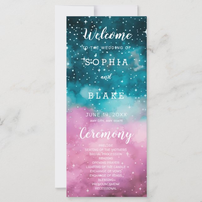 Rosa och Grönt Stars Celestial Bröllopsprogram (Framsida)