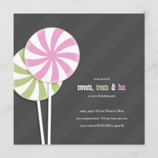 Rosa och Grönt Swirl Lollipops Party-inbjudningar Inbjudningar