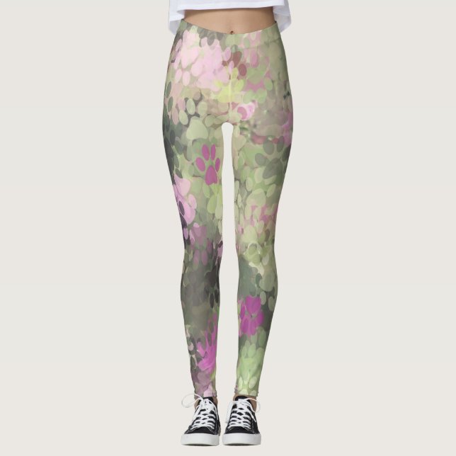 Rosa och Grönt Tass Camo Leggings (Framsida)