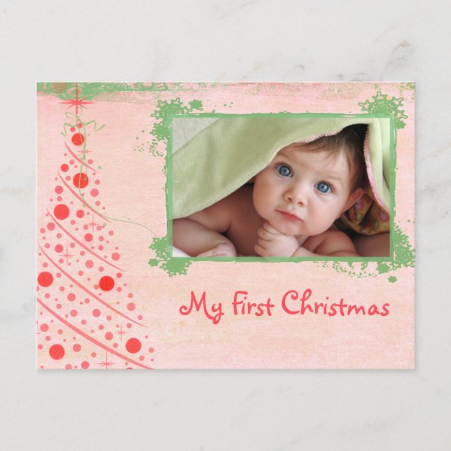 Rosa och Grönt Träd Första julfotoport Helg Vykort (Framsida)