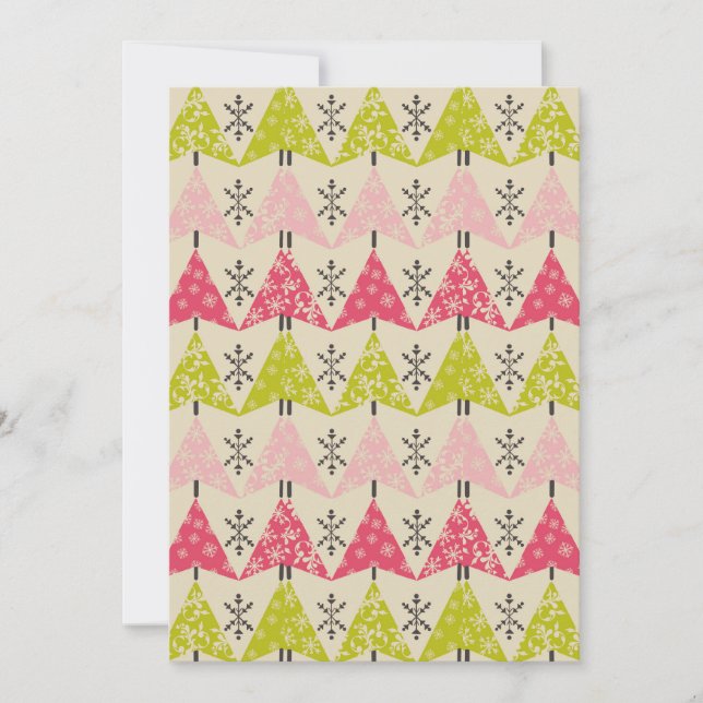 Rosa och grönt träd med snöflingor julkort (Framsida)