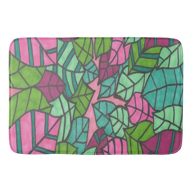 Rosa och Grönt Tropical Handflatan Löv Badrumsmatta (Framsidan)