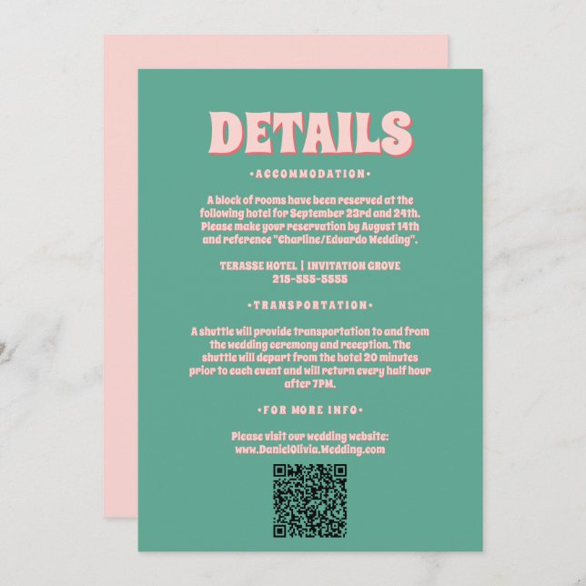 Rosa och Grönt Vågigt Bröllop djurutrymmeskort Inbjudningar (Fram/baksida)