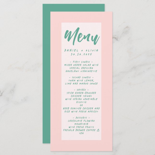 Rosa och Grönt Vågigt Bröllop Meny (Fram/baksida)