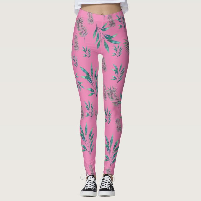 Rosa och Grönt Vattenfärgen Handflatan Löv Leggings (Framsida)