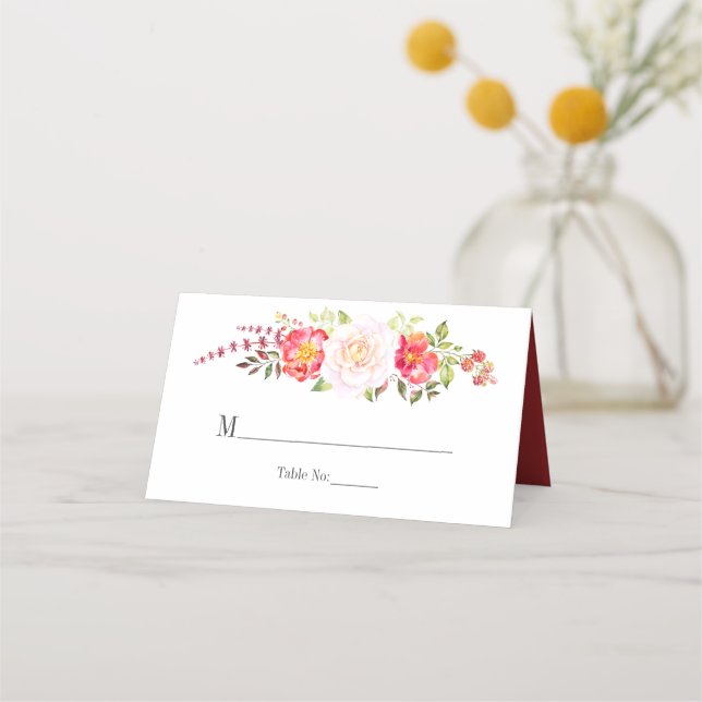 Rosa och Grönt Vattenfärgsfärgad Blommigt Ro Green Placeringskort (Framsida)