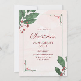 Rosa och Grönt Vattensfärgad jul Kväll-middag Part Inbjudningar