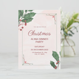 Rosa och Grönt Vattensfärgad jul Kväll-middag Part Inbjudningar