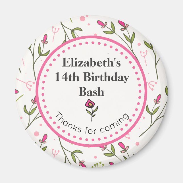 Rosa och Grönt Wildblommor Tack Birthday Magnet (Framsidan)