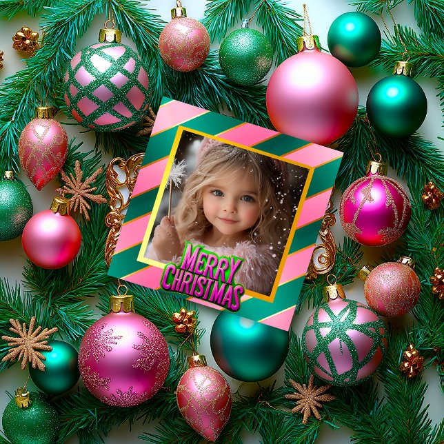Rosa och Grönt Winter Wonderland Photo Julkort (Cute Pink and Green Merry Christmas Holiday Photo Card)