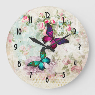 Rosa- och gröntfjärilar på sjaskiga vintagero stor klocka