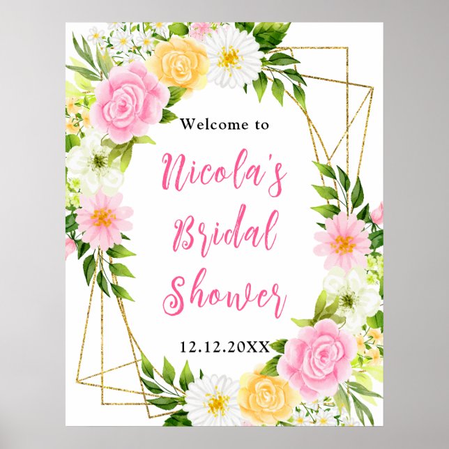 Rosa och gul blombröllopsdusch välkommen poster (Framsidan)