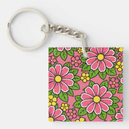 Rosa och gul blomsterdesign med gröna blad