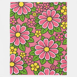 Rosa och gul blomsterdesign med gröna blad fleecefilt