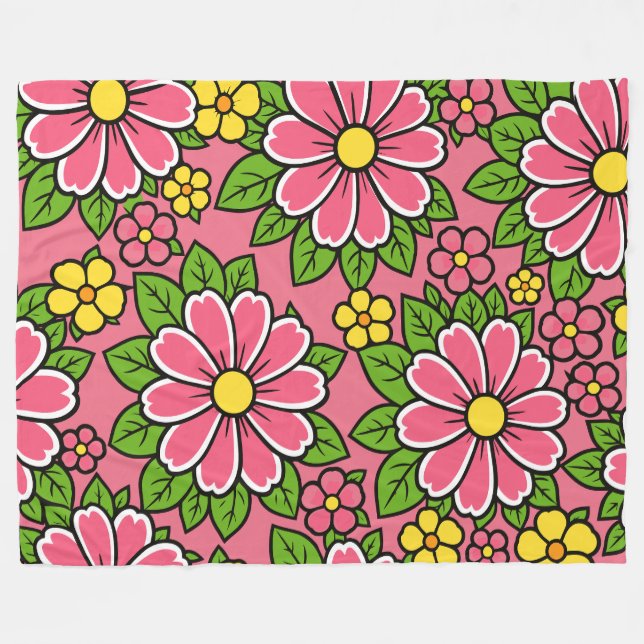 Rosa och gul blomsterdesign med gröna blad fleecefilt (Framsidan (Horisontell))