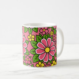 Rosa och gul blomsterdesign med gröna blad kaffemugg