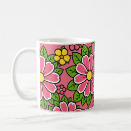Rosa och gul blomsterdesign med gröna blad kaffemugg