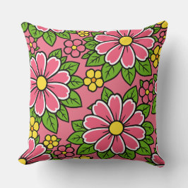 Rosa och gul blomsterdesign med gröna blad kudde