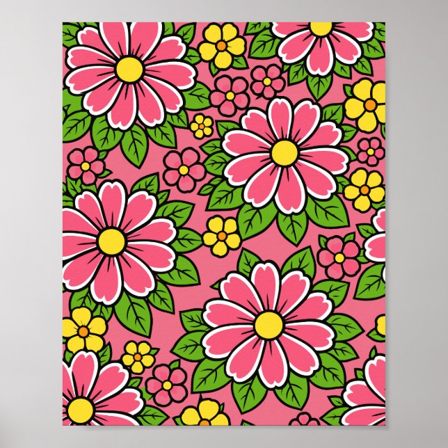 Rosa och gul blomsterdesign med gröna blad poster (Framsidan)